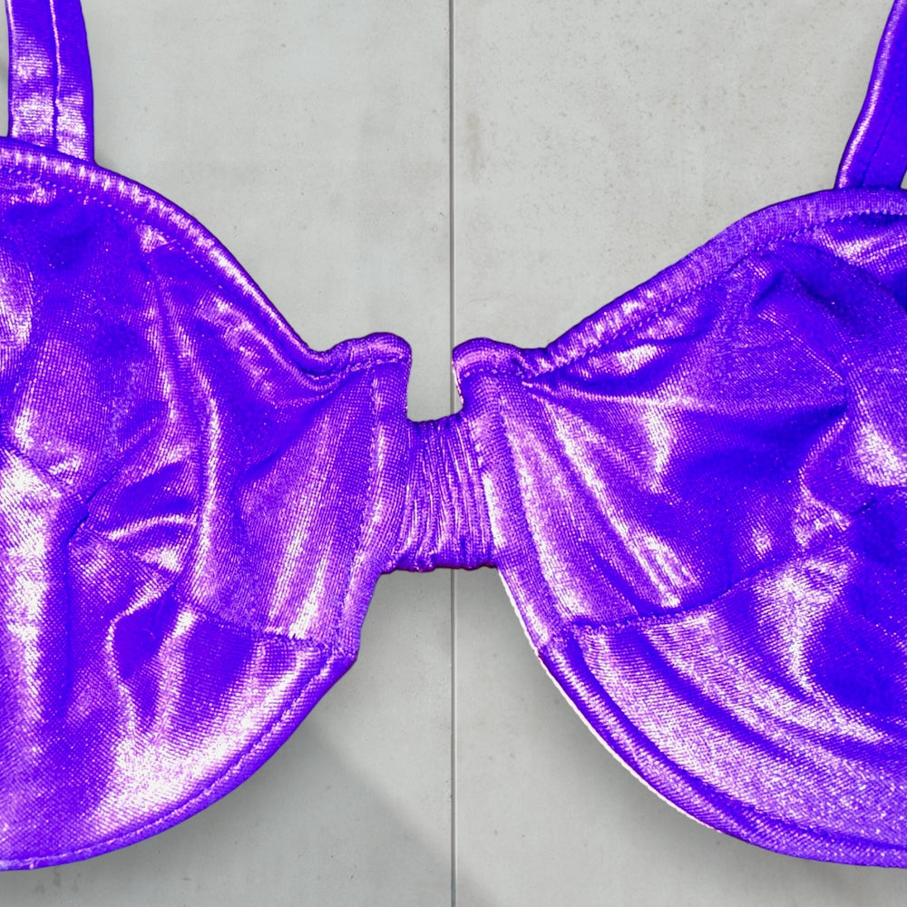 90's Medium Purple Shimmer Underwire Coquette Swimsuit, High-Waisted Matching Swimsuit Set | Rare Vintage