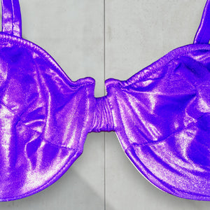 90's Medium Purple Shimmer Underwire Coquette Swimsuit, High-Waisted Matching Swimsuit Set | Rare Vintage