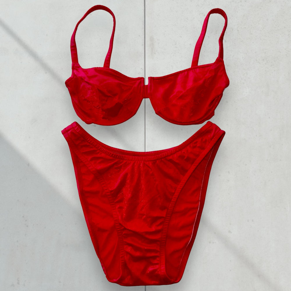 90's Medium Scarlet Shimmer Underwire Coquette Swimsuit, High-Waisted Matching Swimsuit Set | Rare Vintage
