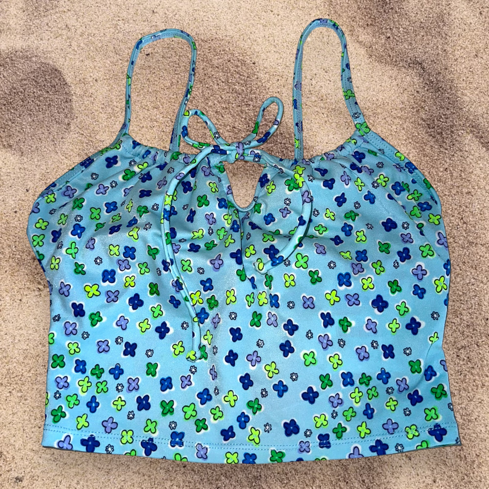 90's Milkmaid Tankini Crop Floral Bikini Camisole Top | Blue Ditsy