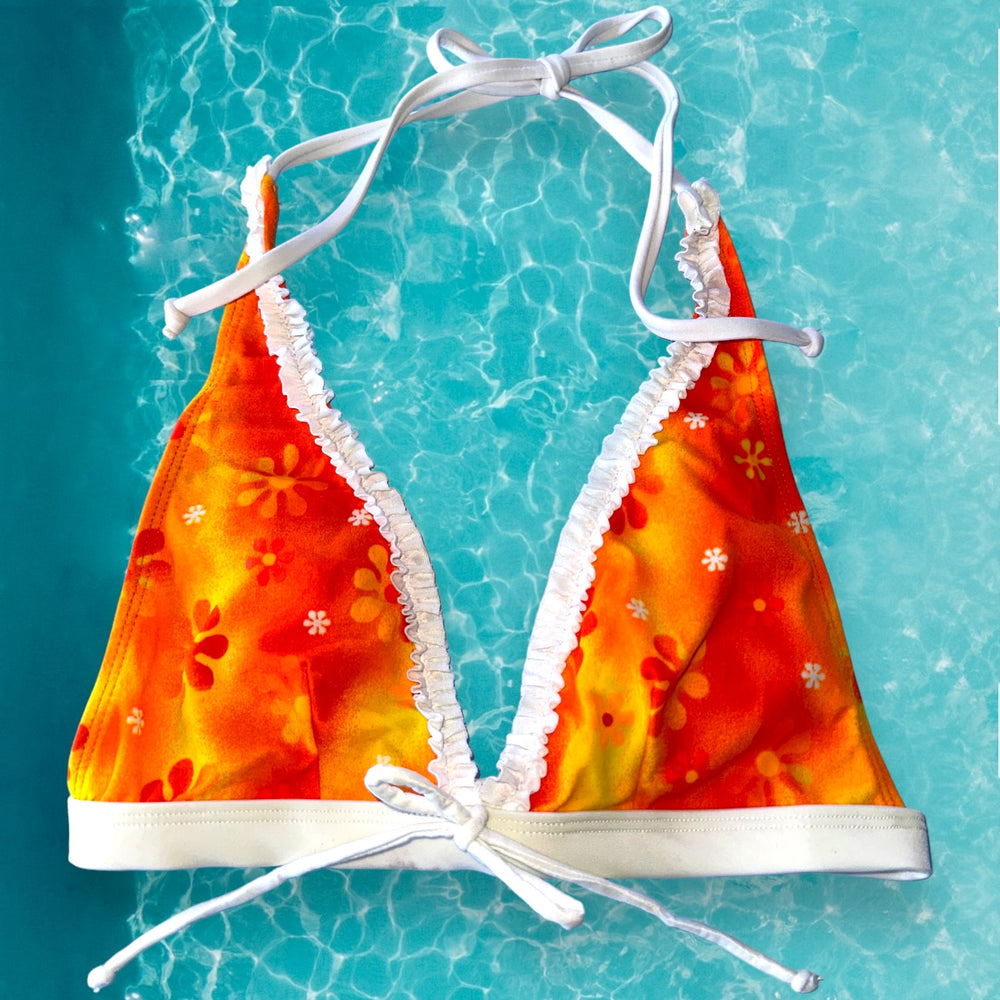 Y2K Ruffle Retro Halter Bikini Padded Bralette Swimsuit Top | Orange Crush