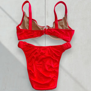 90's Neon Red Shimmer Underwire Coquette Swimsuit, High-Leg Matching Bikini Set | Rare Vintage