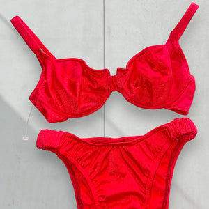 90's Neon Red Shimmer Underwire Coquette Swimsuit, High-Leg Matching Bikini Set | Rare Vintage