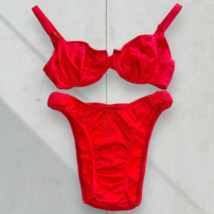 90's Neon Red Shimmer Underwire Coquette Swimsuit, High-Leg Matching Bikini Set | Rare Vintage