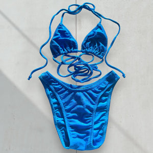 90's Small Textured Rib Slide Triangle Brazilian Cut Cheeky Swimsuit, High-Waisted Matching Bikini Set | Vintage Capri Blue