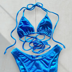 90's Small Textured Rib Slide Triangle Brazilian Cut Cheeky Swimsuit, High-Waisted Matching Bikini Set | Vintage Capri Blue