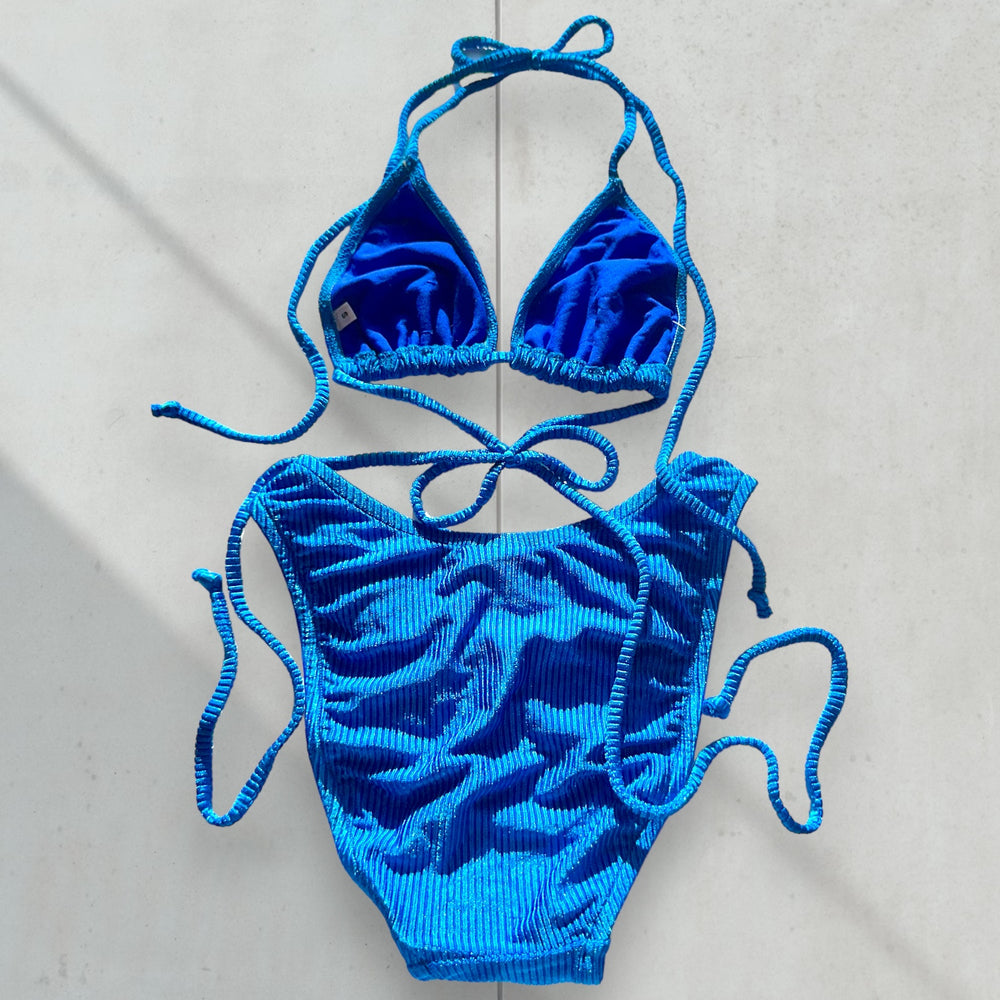 90's Small Textured Rib Slide Triangle Brazilian Cut Cheeky Swimsuit, High-Waisted Matching Bikini Set | Vintage Capri Blue