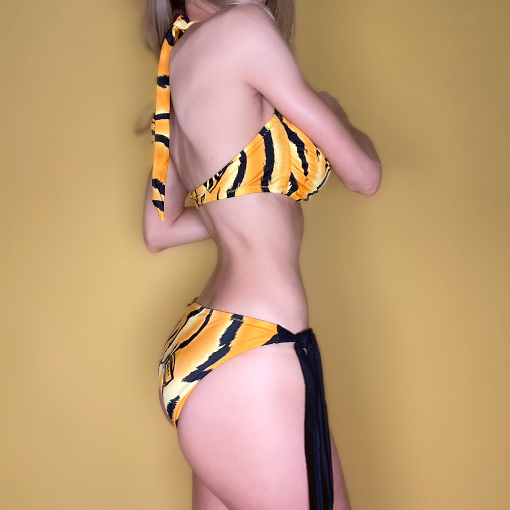 90's Low Rise O-Ring Tie Side Moderate Cheeky Coverage Swim Bikini Bottom | Tiger's Eye