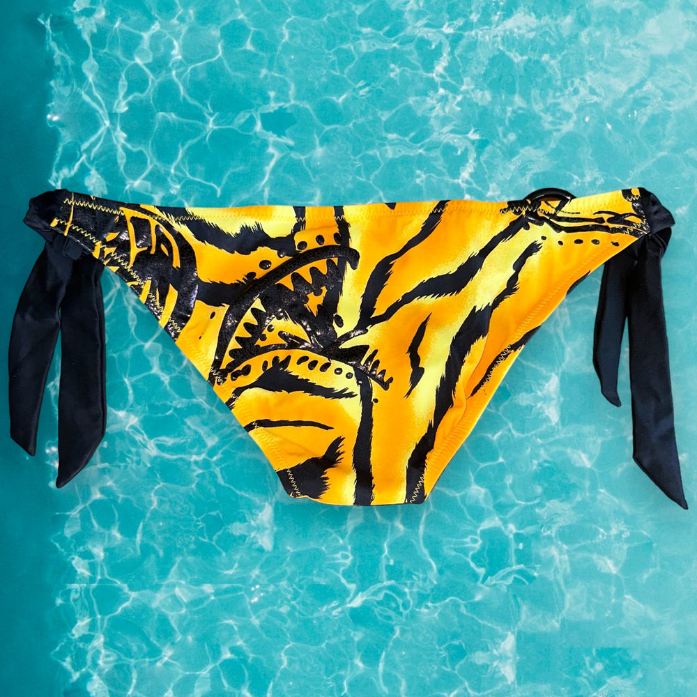 90's Low Rise O-Ring Tie Side Moderate Cheeky Coverage Swim Bikini Bottom | Tiger's Eye