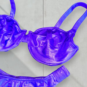 90's Medium Coquette Purple Wet-Look Underwire Bikini Set, Retro Scrunch-Strap Swimsuit | Rare Preppy Vintage