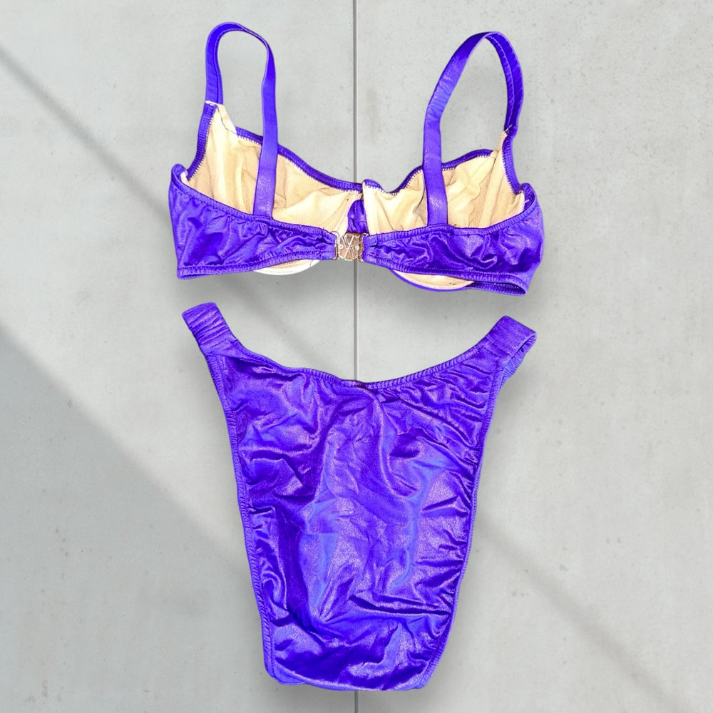 90's Medium Coquette Purple Wet-Look Underwire Bikini Set, Retro Scrunch-Strap Swimsuit | Rare Preppy Vintage