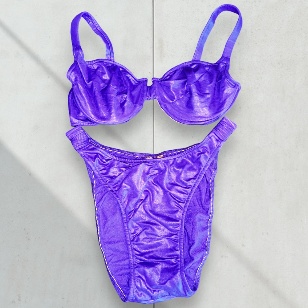 90's Medium Coquette Purple Wet-Look Underwire Bikini Set, Retro Scrunch-Strap Swimsuit | Rare Preppy Vintage