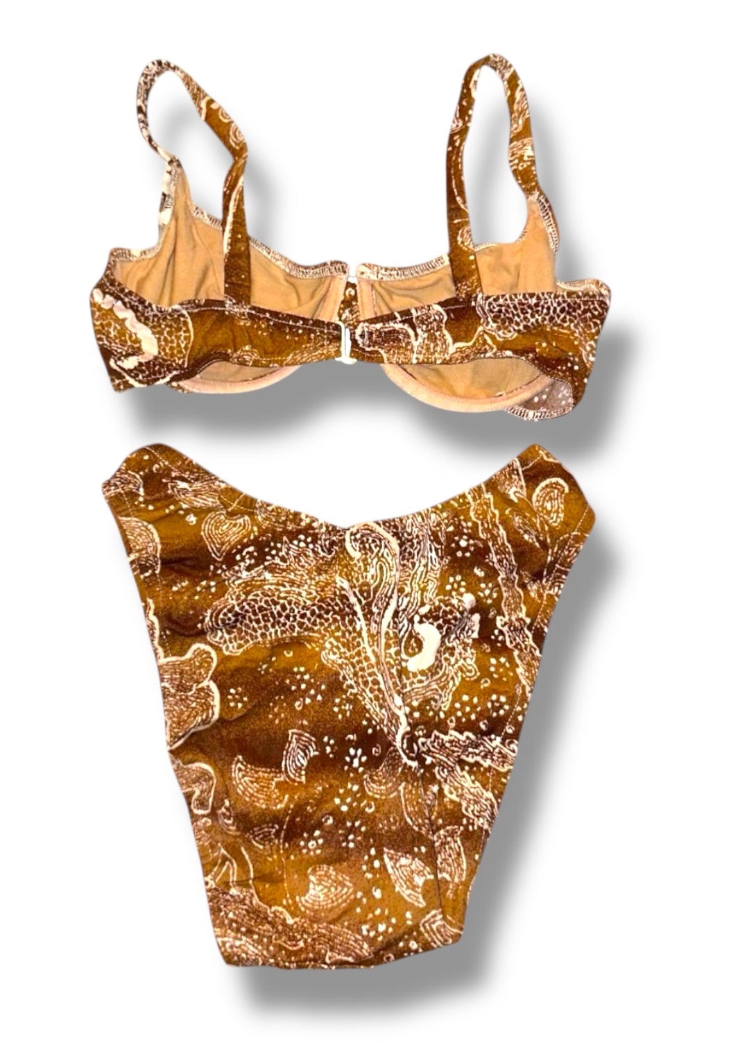 Two-piece swimsuit with floral pattern on a white background