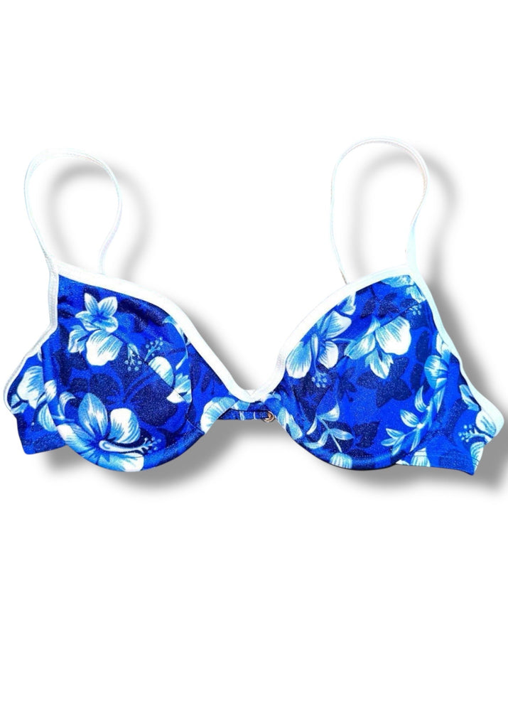 90's Underwire Padded Retro Push Up Bra Retro Swimsuit Bikini Top | Blue Tropical Floral