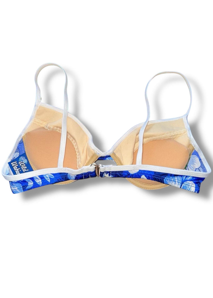 90's Underwire Padded Retro Push Up Bra Retro Swimsuit Bikini Top | Blue Tropical Floral