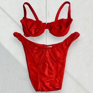 90's Scarlet Shimmer Underwire Coquette Swimsuit, High-Leg Matching Bikini Set | Rare Vintage