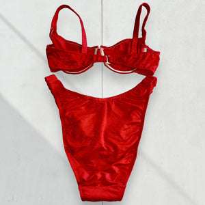 90's Scarlet Shimmer Underwire Coquette Swimsuit, High-Leg Matching Bikini Set | Rare Vintage