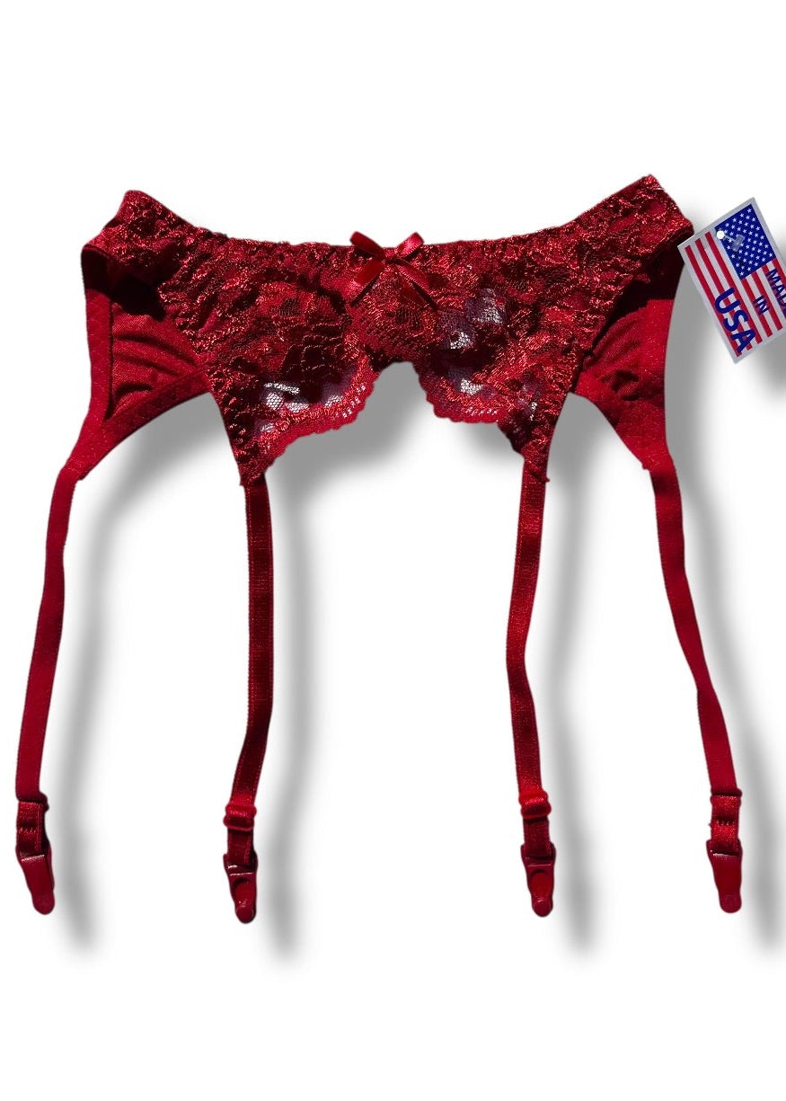 Red lace lingerie set with an American flag tag on a white background