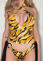 90s Animal Print Plunge Camisole Halter Tankini Top | Backless Retro USA-Made