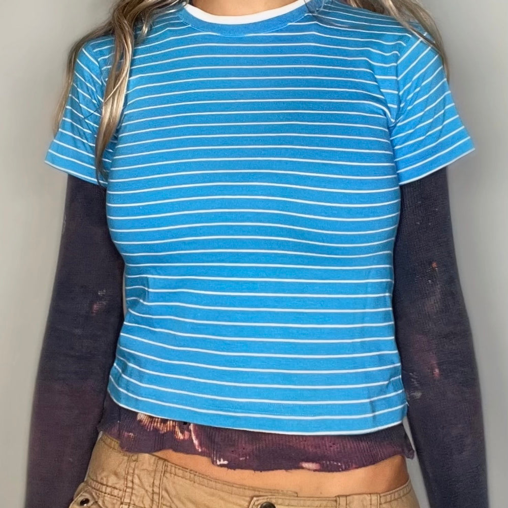 80s Blue Pinstripe Ringer Baby Tee | USA-Made Vintage Y2K Preppy