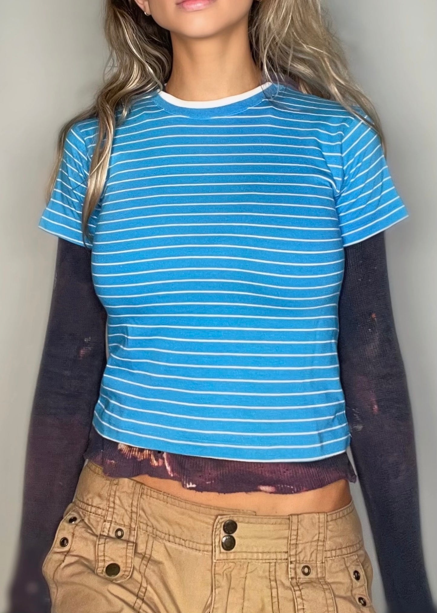 80s Blue Pinstripe Ringer Baby Tee | USA-Made Vintage Y2K Preppy