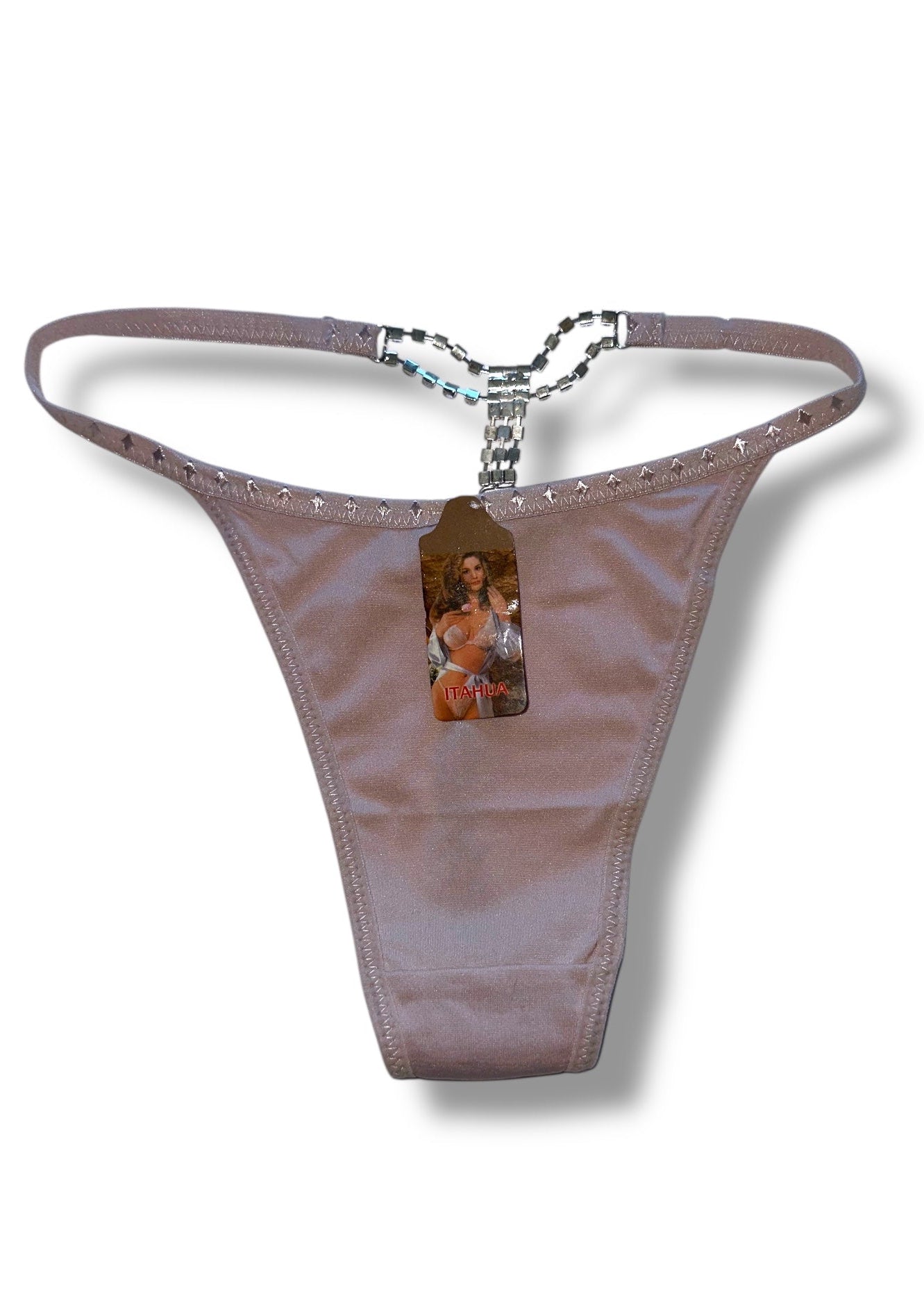 Mauve thong with a small label on a white background