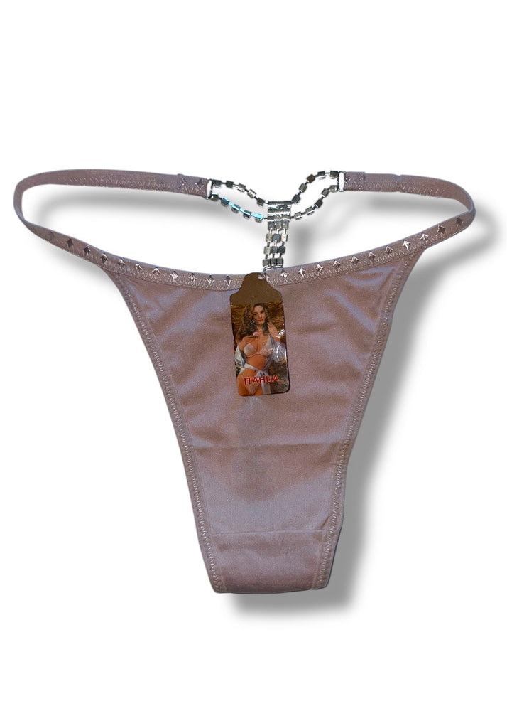 Mauve thong with a small label on a white background