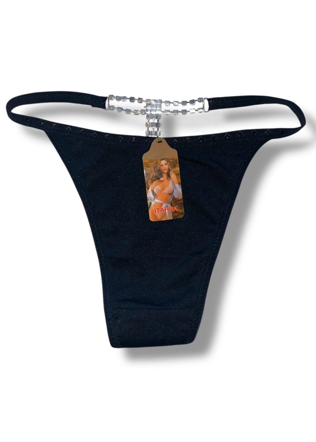 Black thong with a tag featuring a woman's face on a white background