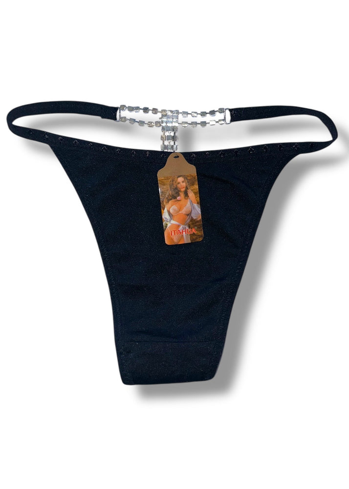 Black thong with a tag featuring a woman's face on a white background