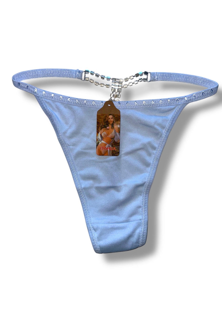 Light blue thong with a tag on a white background