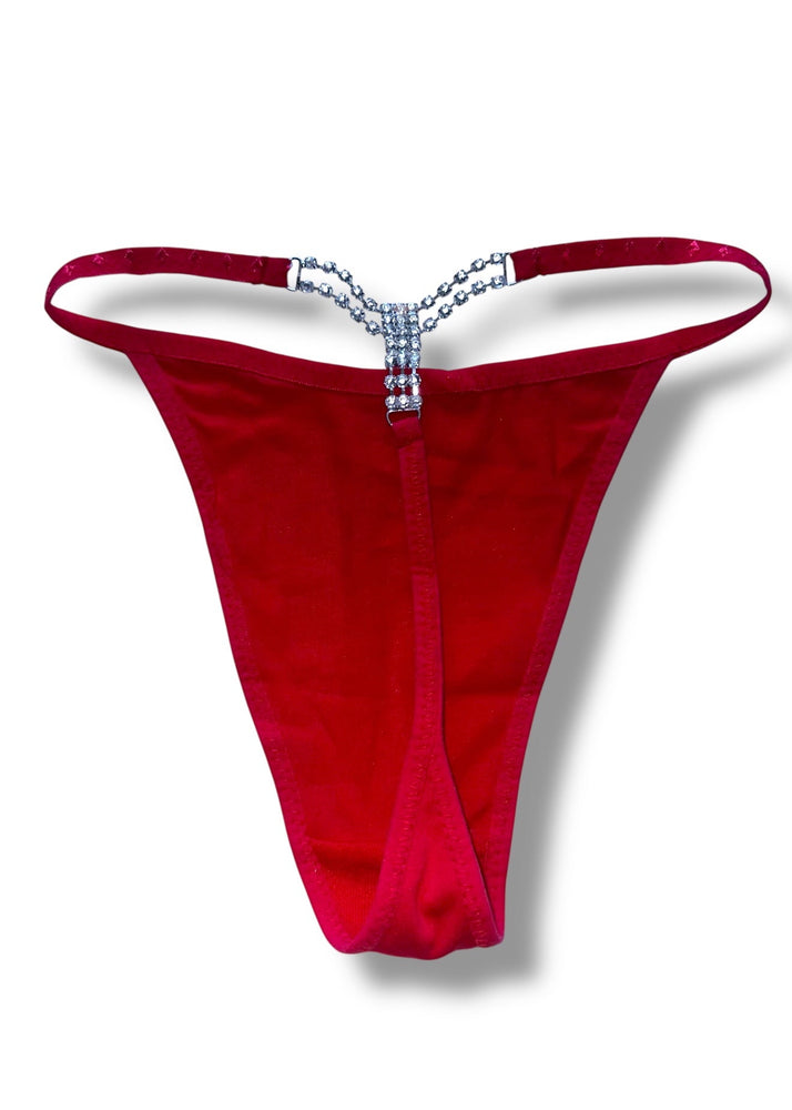 Red thong with a silver chain on a white background