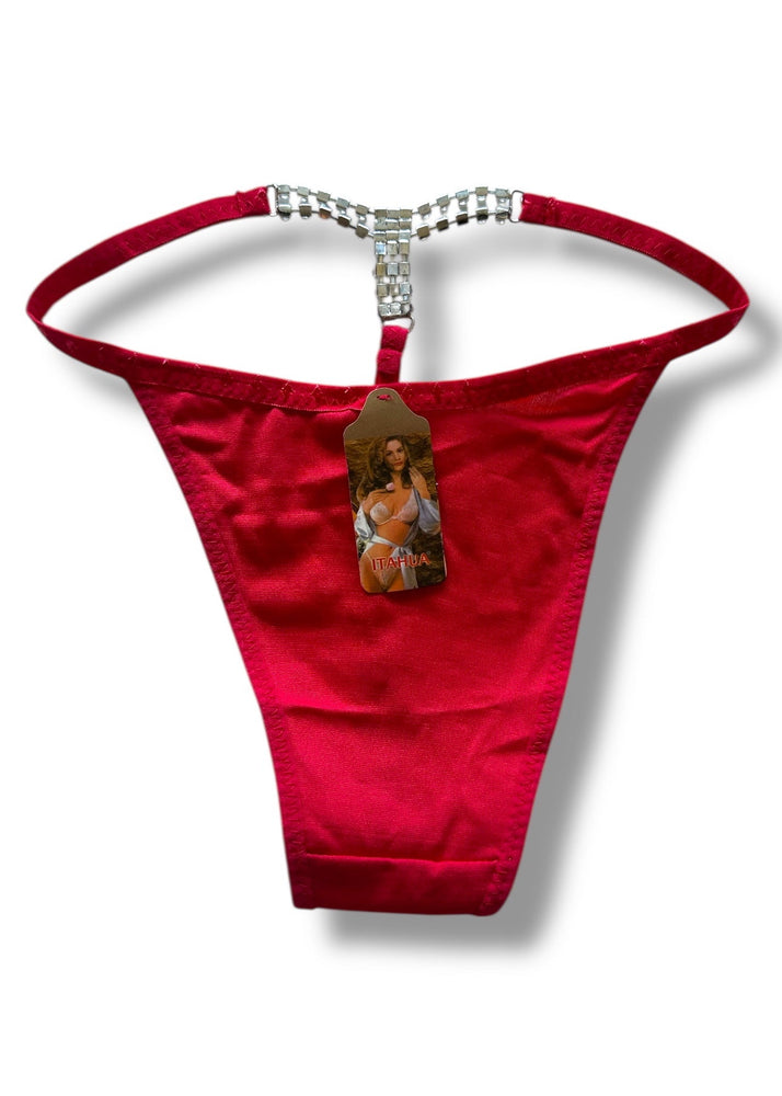 Red thong with a rhinestone waistband on a white background