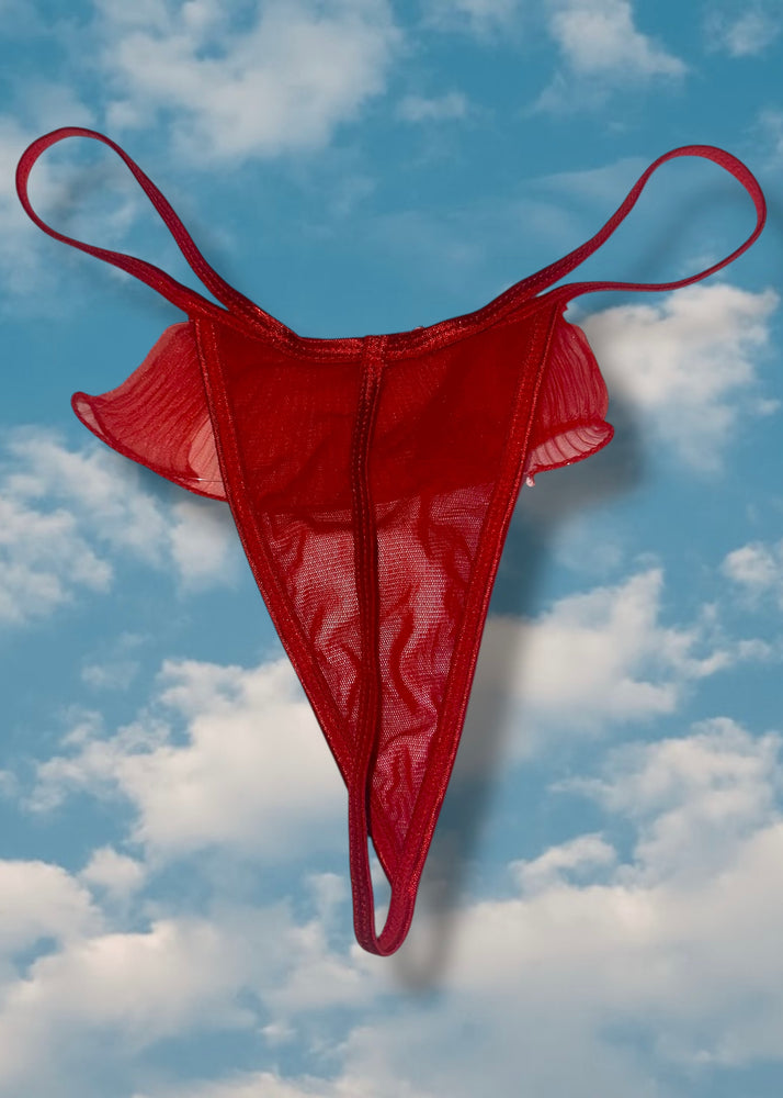 90s Flutter-Ruffle Mesh Sheer Thong Panty | Red Hot