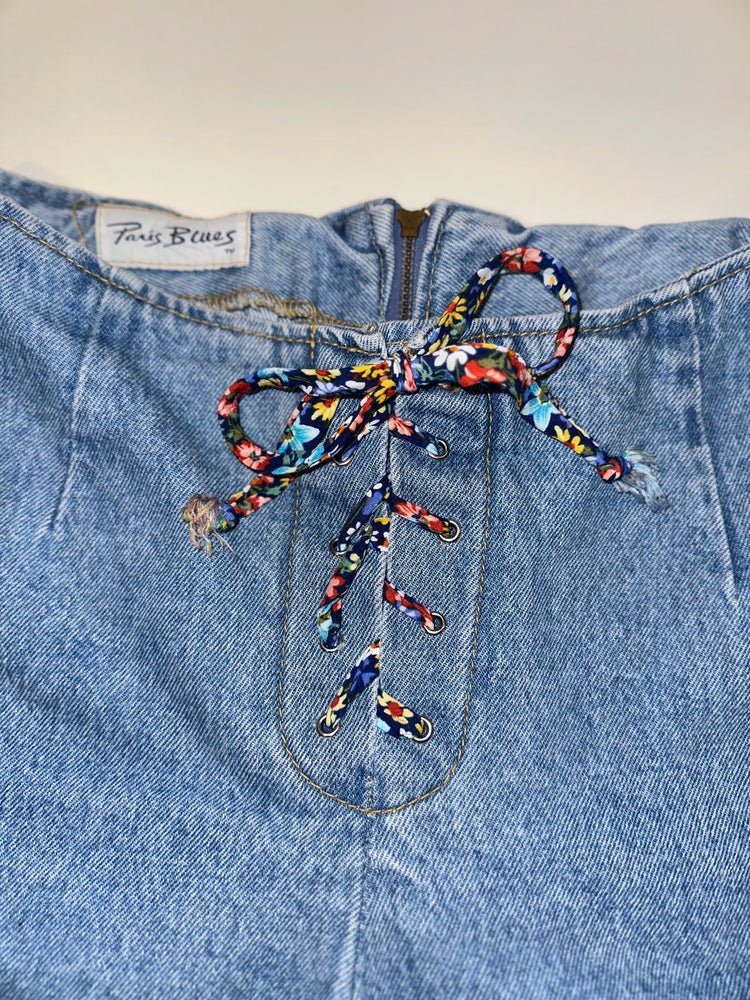 90s Lace-Up Ruffle Hem High Waisted Jorts | Vintage Paris Blues
