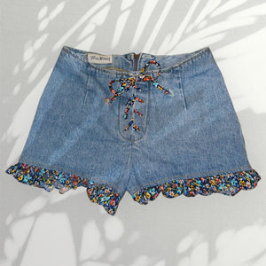 90s Lace-Up Ruffle Hem High Waisted Jorts | Vintage Paris Blues