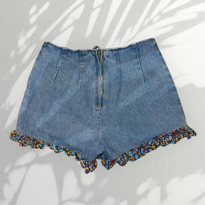 90s Lace-Up Ruffle Hem High Waisted Jorts | Vintage Paris Blues