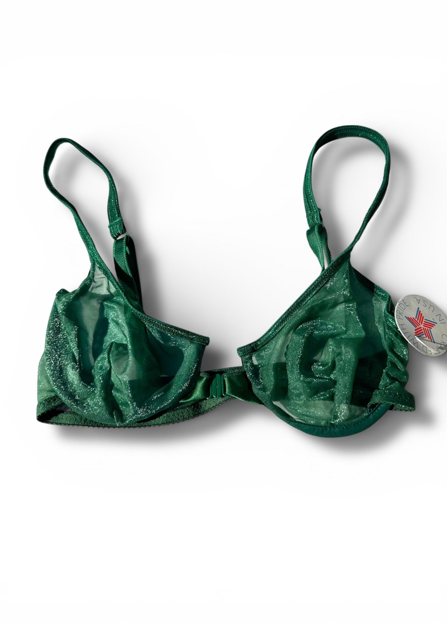 Green bra on a white background with a brand label.
