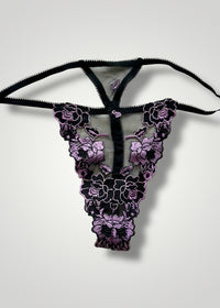 Embroidered Lilac, Red Sheer Floral Lace, Mesh Thong Panty | Y2K High-Leg Sexy Whale-Tail Thong Panty | Coquette USA-Made