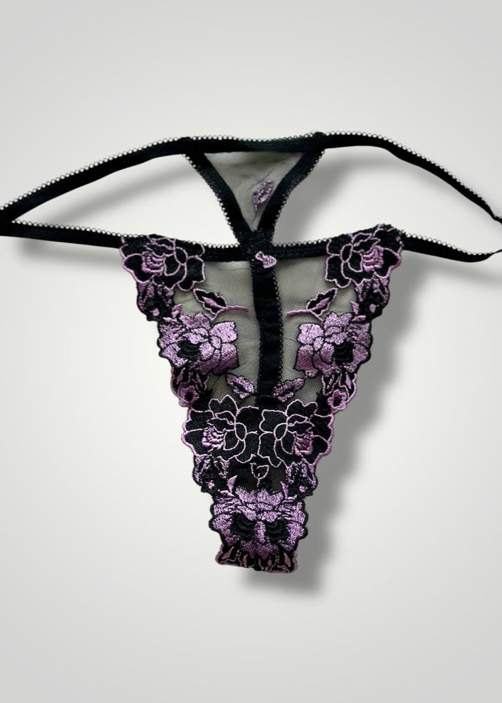 Embroidered Lilac, Red Sheer Floral Lace, Mesh Thong Panty | Y2K High-Leg Sexy Whale-Tail Thong Panty | Coquette USA-Made