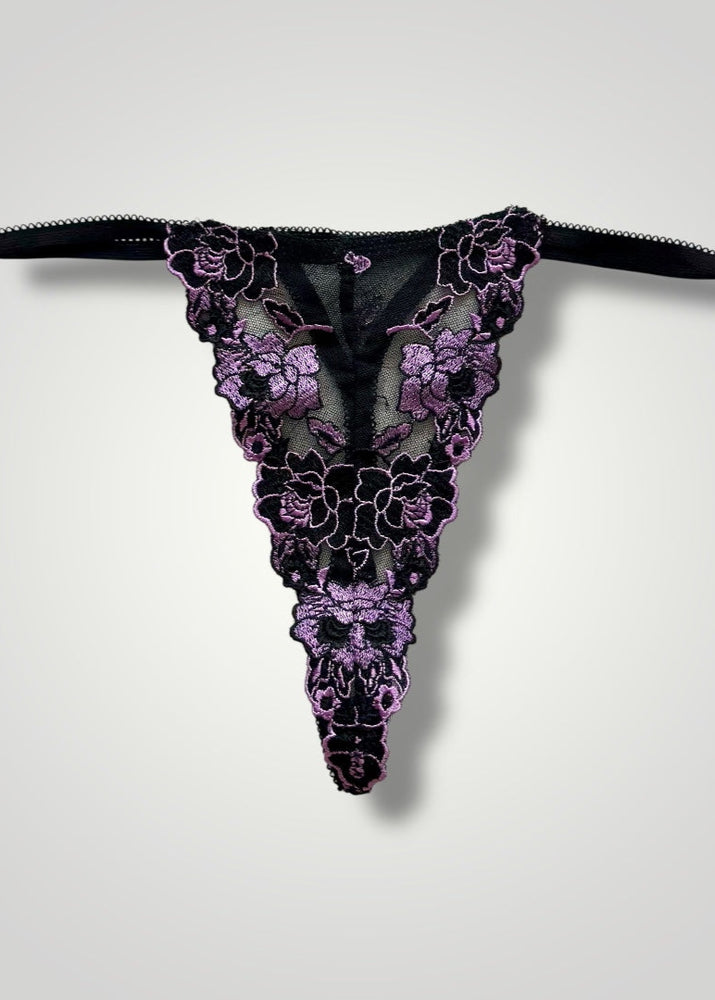 Embroidered Lilac, Red Sheer Floral Lace, Mesh Thong Panty | Y2K High-Leg Sexy Whale-Tail Thong Panty | Coquette USA-Made