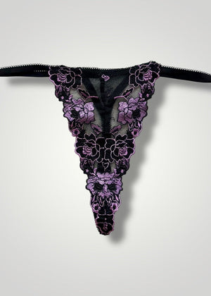 Embroidered Lilac, Red Sheer Floral Lace, Mesh Thong Panty | Y2K High-Leg Sexy Whale-Tail Thong Panty | Coquette USA-Made