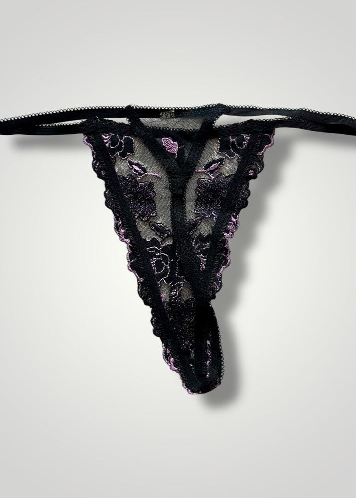Embroidered Lilac, Red Sheer Floral Lace, Mesh Thong Panty | Y2K High-Leg Sexy Whale-Tail Thong Panty | Coquette USA-Made