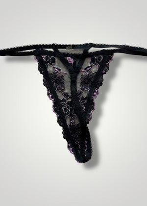 Embroidered Lilac, Red Sheer Floral Lace, Mesh Thong Panty | Y2K High-Leg Sexy Whale-Tail Thong Panty | Coquette USA-Made