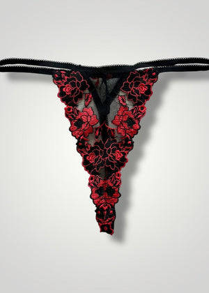 Embroidered Lilac, Red Sheer Floral Lace, Mesh Thong Panty | Y2K High-Leg Sexy Whale-Tail Thong Panty | Coquette USA-Made