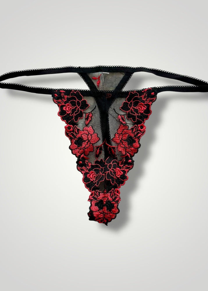 Embroidered Lilac, Red Sheer Floral Lace, Mesh Thong Panty | Y2K High-Leg Sexy Whale-Tail Thong Panty | Coquette USA-Made