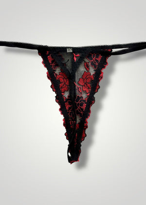 Embroidered Lilac, Red Sheer Floral Lace, Mesh Thong Panty | Y2K High-Leg Sexy Whale-Tail Thong Panty | Coquette USA-Made