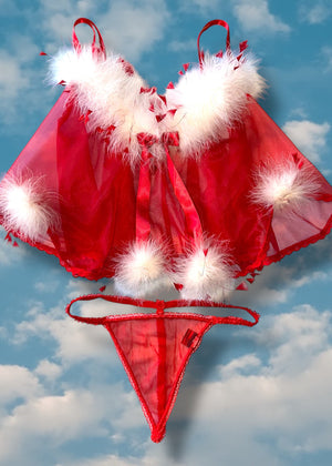 90s Queen-Of-Hearts Sheer Boa-Feathered Babydoll Valentines Lingerie Set