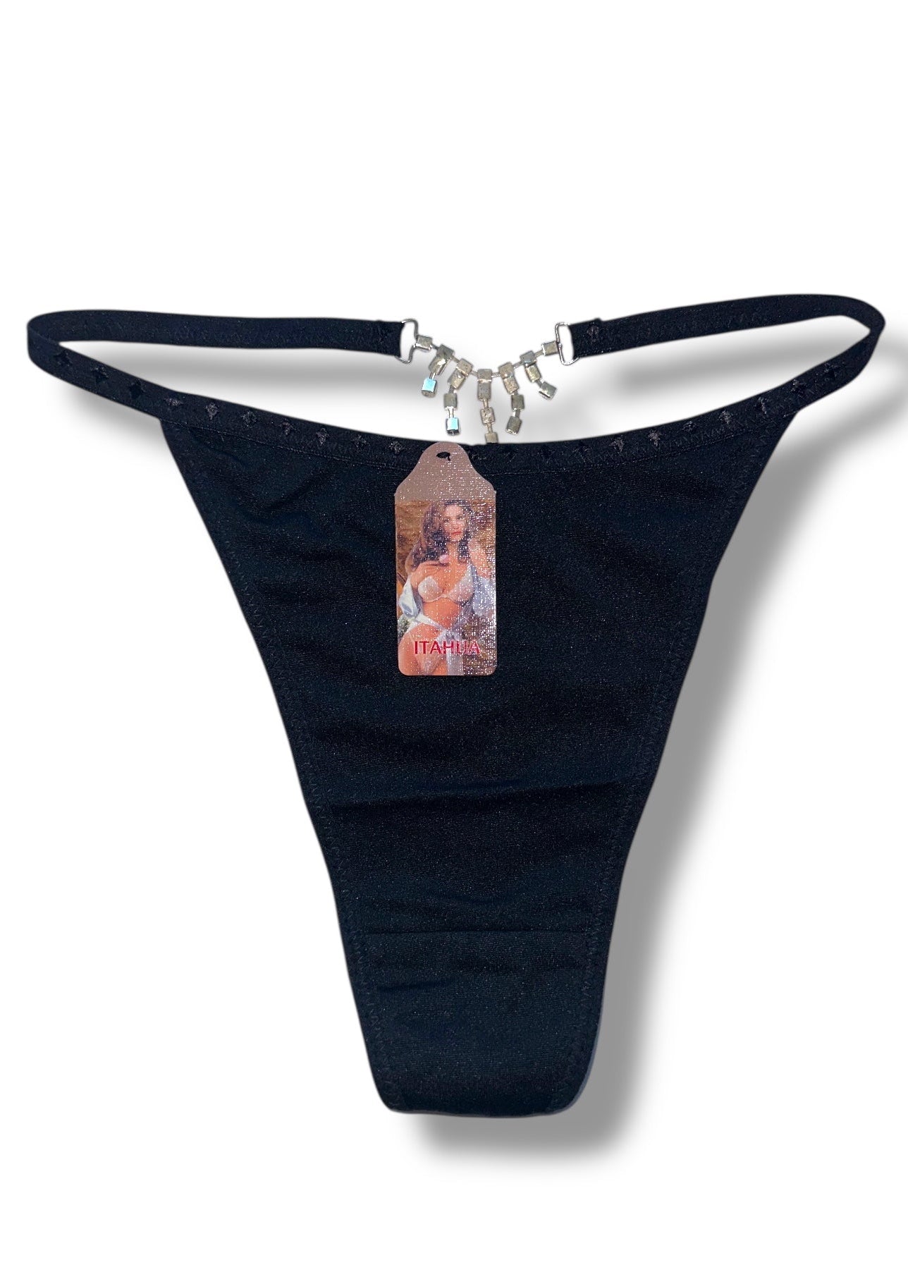 Black thong with a tag on a white background