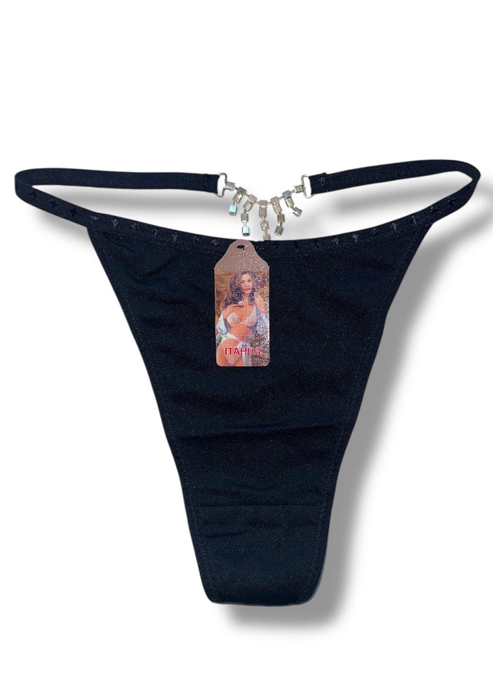 Black thong with a tag on a white background