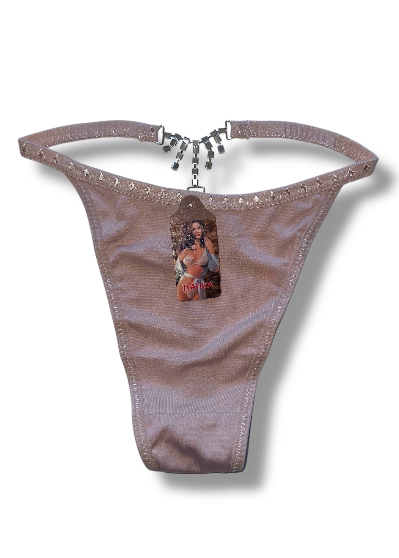 Brown thong with a model image on a white background